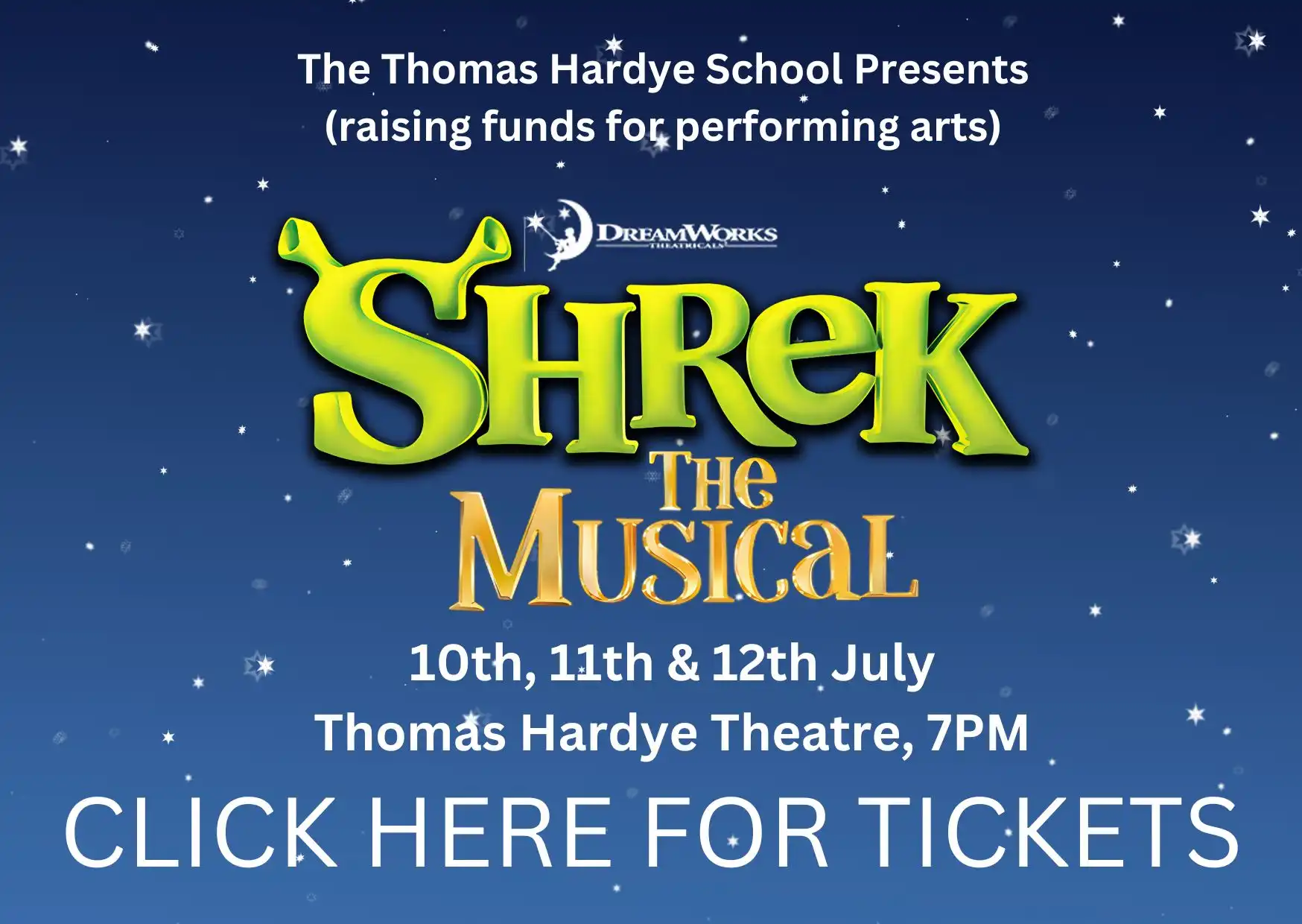 The Thomas Hardye School Presents (raising funds for performing arts) Dreamworks Theatricals Shrek the Musical. 10th, 11th and 12th July. Thomas Hardye Theatre, 7PM. Click Here for tickets
